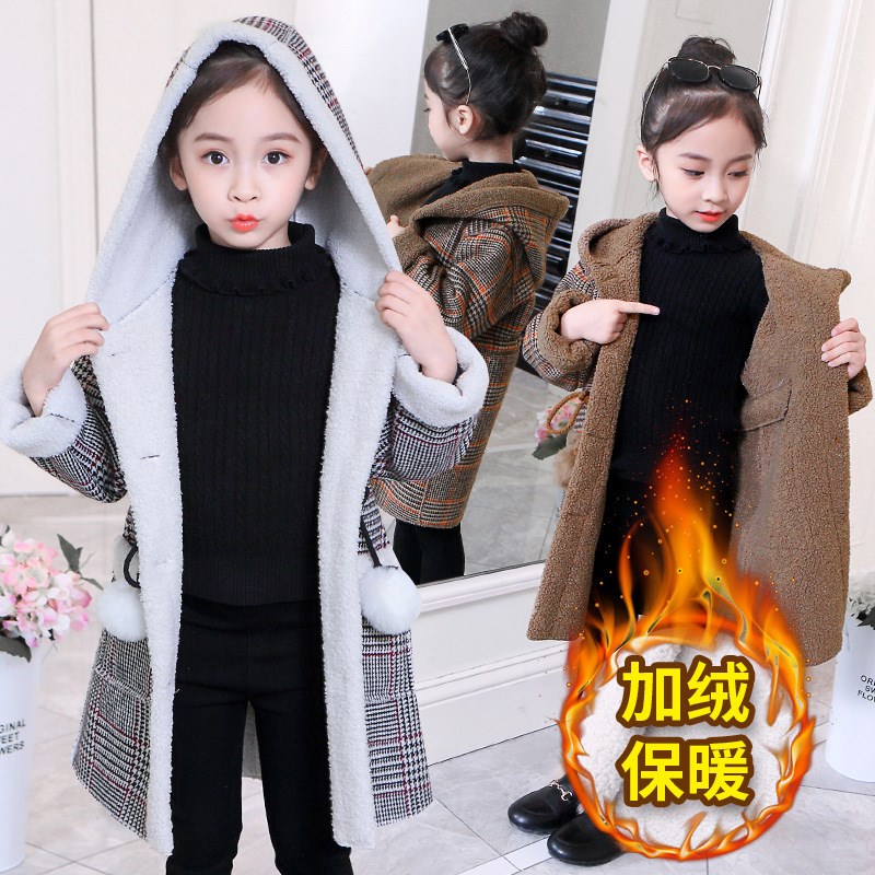 Girls Wool Coat Winter MidLong Fleece Plaid Overcoat for Kid