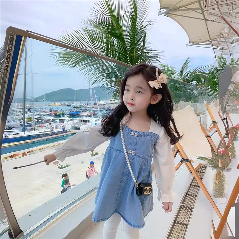 Girls 2025 SpringSummer Denim Dress Pearl Bow Tie Long Sleev