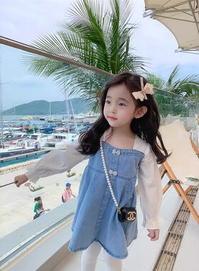 Girls 2025 SpringSummer Denim Dress Pearl Bow Tie Long Sleev