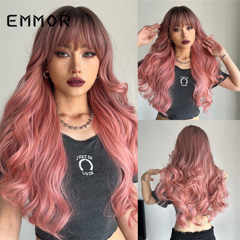 EMMOR Gradient Pink MidLength Curly Wavy European and Americ