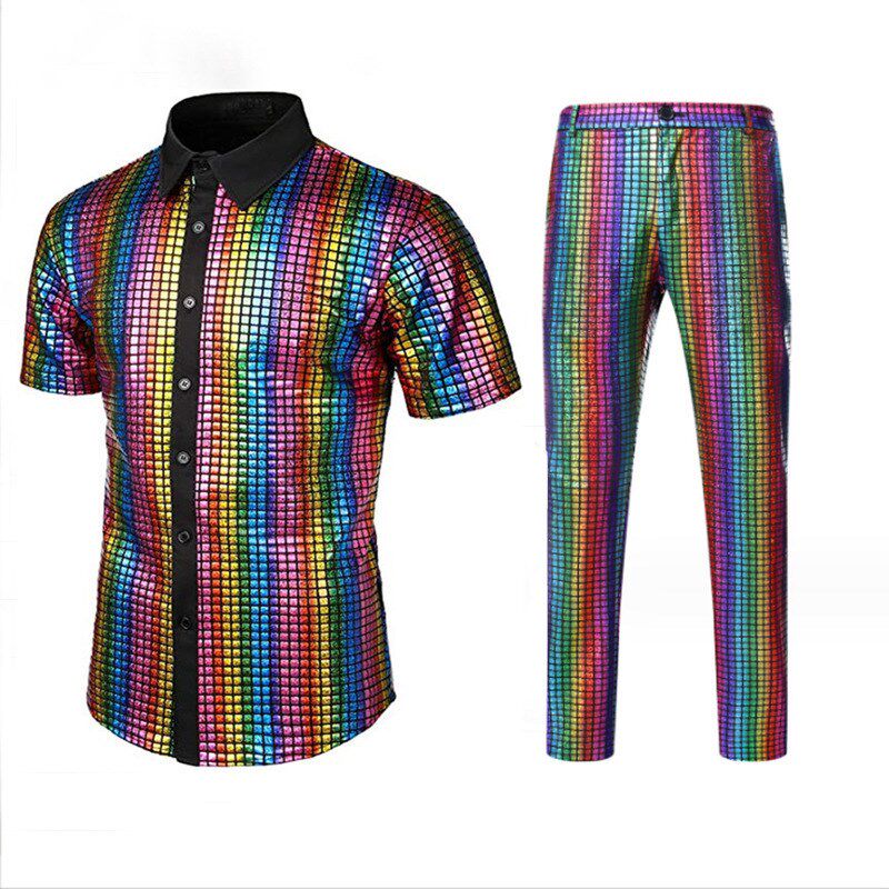 Mens Shiny Disco Shirt and Pants Set Casual 2piece MenswearS