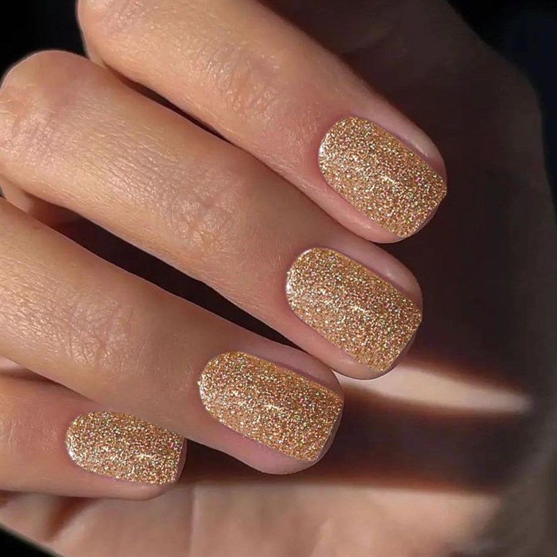 Sparkling Short Square Presson Nails Golden Glitter False Na