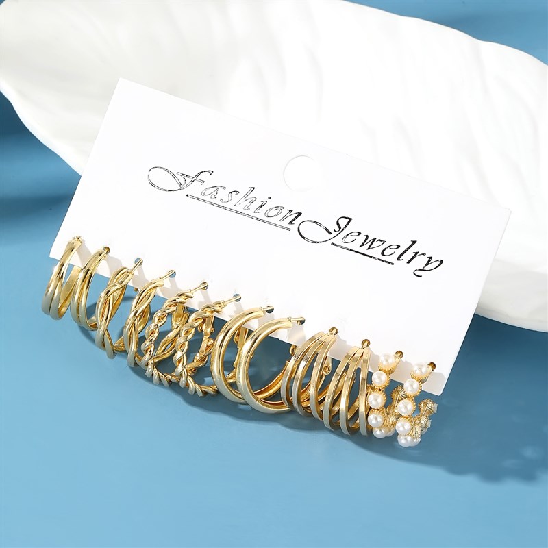 European Style Metal Hoop Square Geometric Retro Pearl Earri