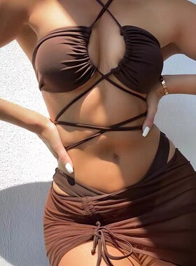 Sexy Strappy Threepiece Bikini Solid Color 2025 EuroAmerican