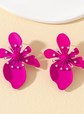 Elegant earrings fuchsia flower studs painted camellia petal