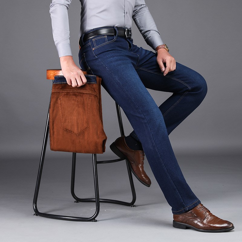 Winter Thick Warm Mens Jeans Business Casual Straight Leg Tr