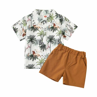 Dinosaur Shirt Set Short Sleeves Shorts Yellow Green Solid S