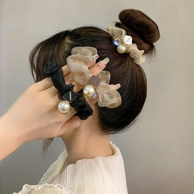 Premium Pearl Choker Elastic Hair Rope Organza Hollow Rhines