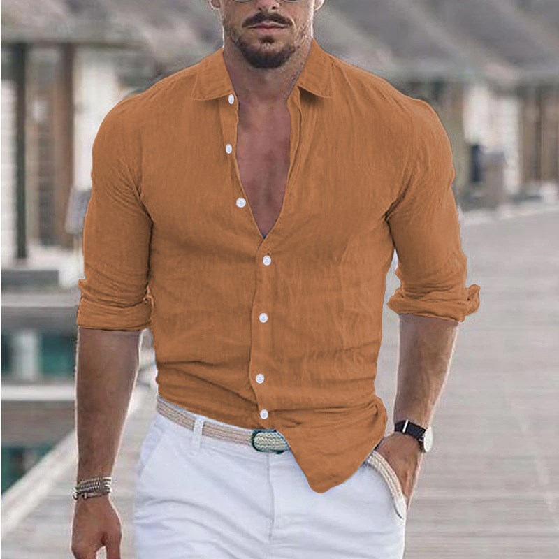 Summer 2025 Mens Cotton Linen Collar Beach Shirt Long Sleeve
