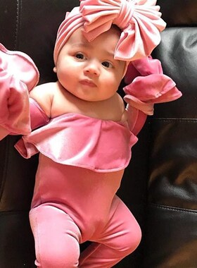 2025 Toddlers MidSleeve Ruffled Velvet Headband Romper 2Piec