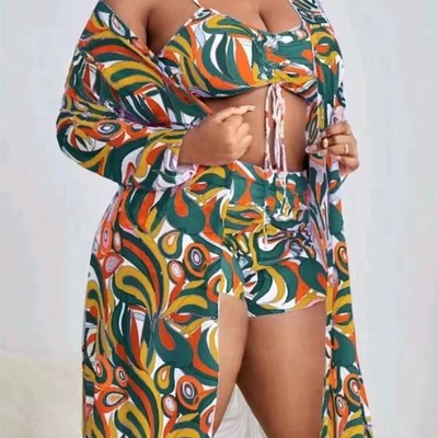 Plus Size Swimwear Sets for Women Long Coverup High Waist Sw