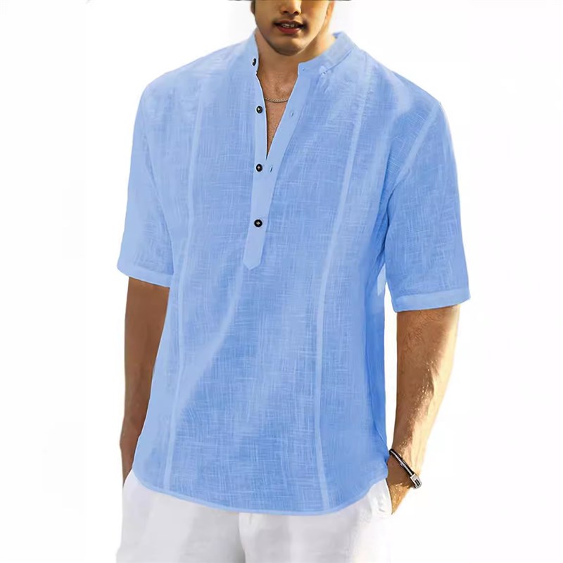 New 2025 European American Mens MidSleeve Linen Shirt Comfor