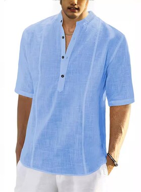 New 2025 European American Mens MidSleeve Linen Shirt Comfor