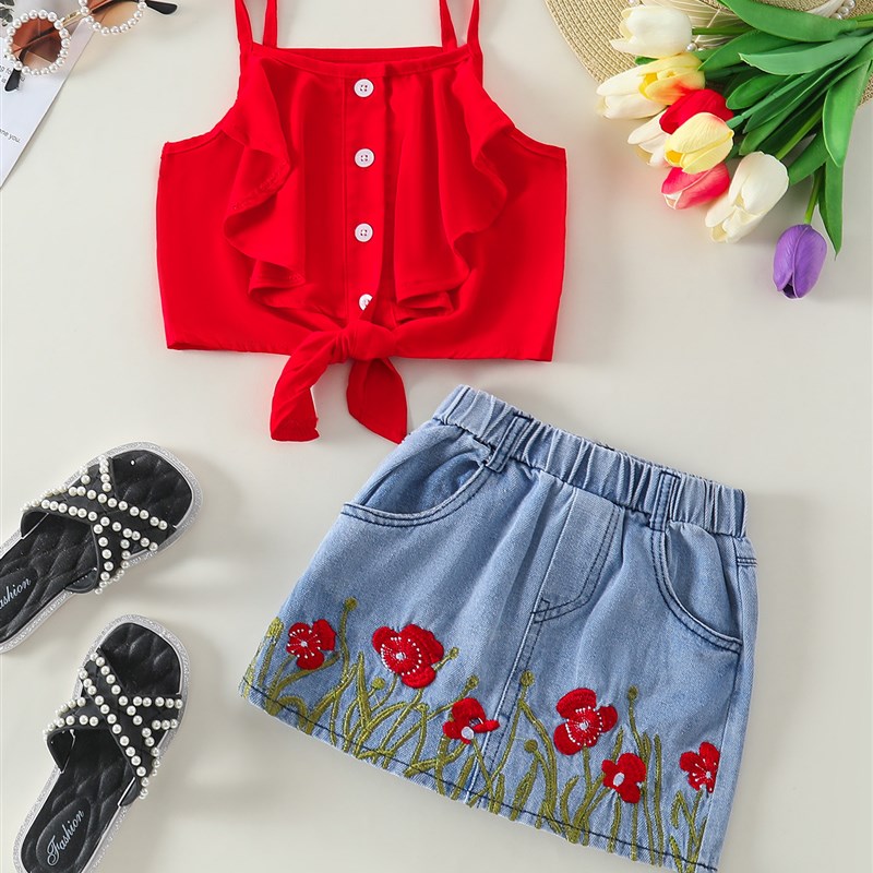 New 2025 Kid Girl Red Strappy Top Denim Flower Skirt2025 New