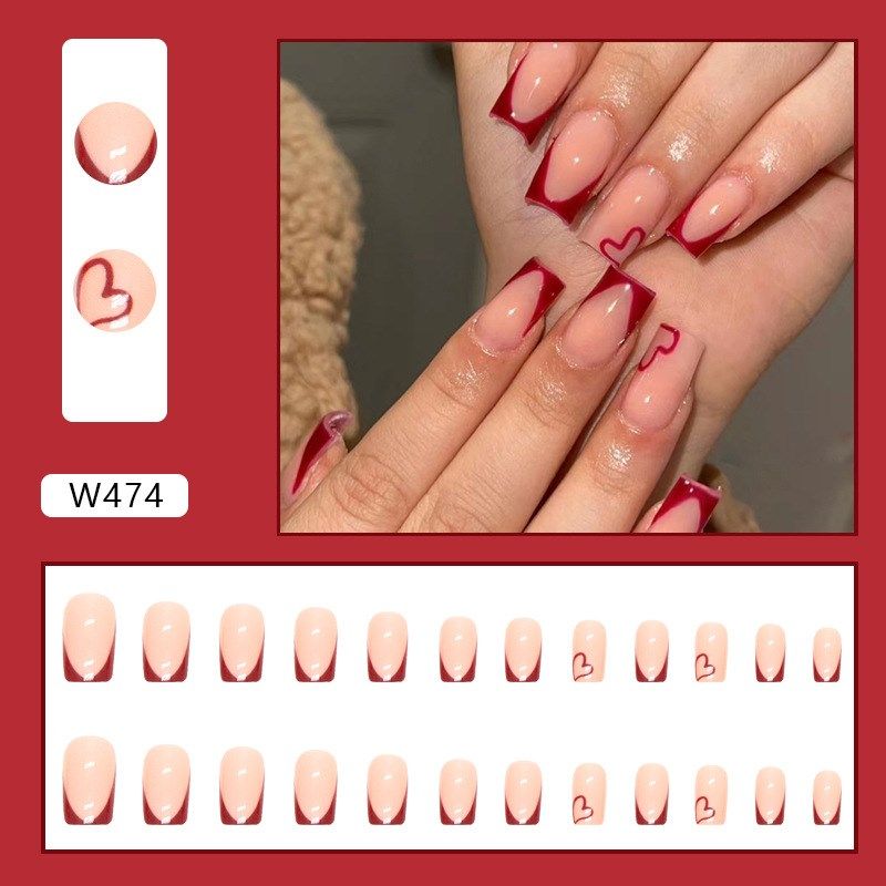 Simple Wine Red French Heart Oval False Nails EuroAmerican L