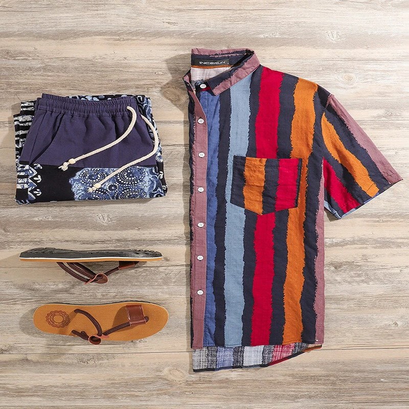 Stripe Short Sleeve Shirt for Men Southeast Asia Style Comfo