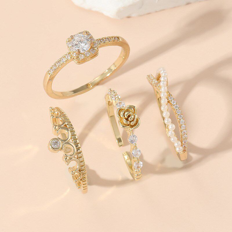 Fashionable Ring 4Piece Set for Students Copper Inlaid Zirco