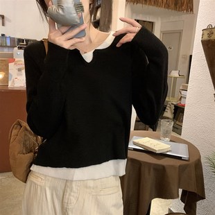 Contrast Fake twopiece 2025 sweater Style knitted women Ins