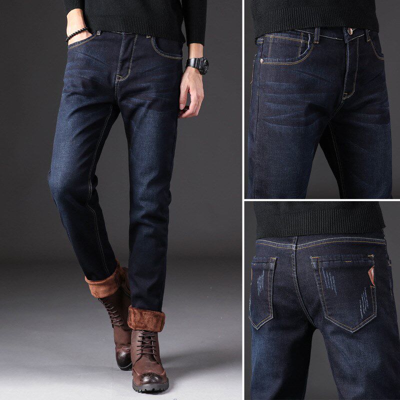 Winter Mens Casual Pants Thickened Warm Elastic Straight Jea