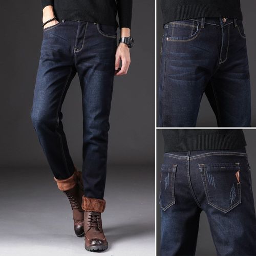Winter Mens Casual Pants Thickened Warm Elastic Straight Jea