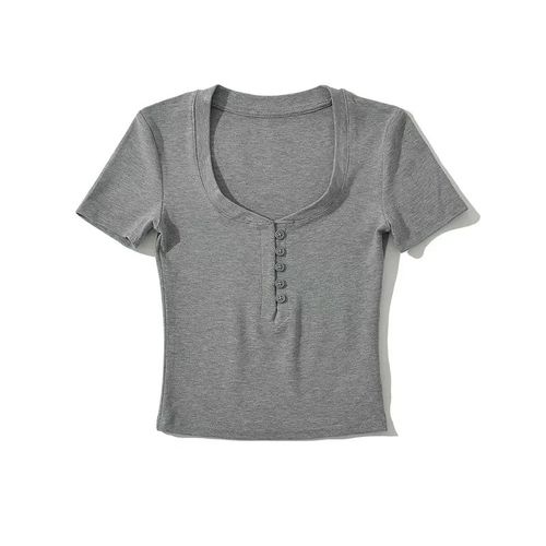 Spicy Girl Crewneck SemiOpen Button Slim Shoulder Short Slee