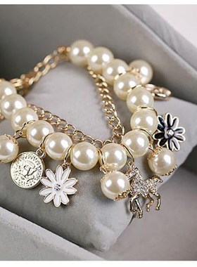 Diamond Pony Pendant Pearl Daisy Flower Bracelet Korean Peta