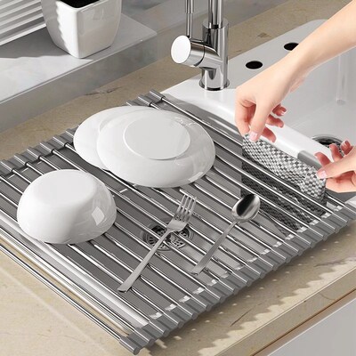 Sink Drain Shelf Foldable Silicone Roller Mat Kitchen Pool O