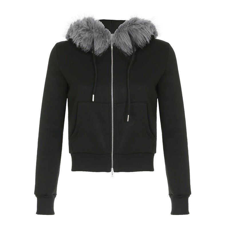 Retro American Oversized Hooded Plush ZipUp Sweater Jacket w