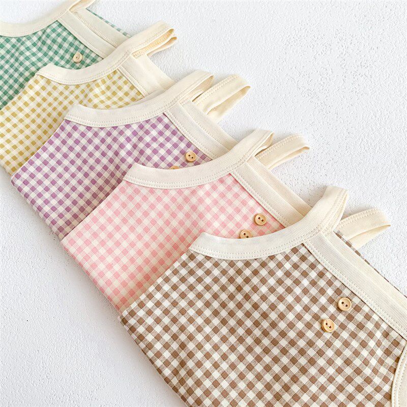 Summer Infant Girls Sling Vest Romper Ins Soft Plaid Bodysui