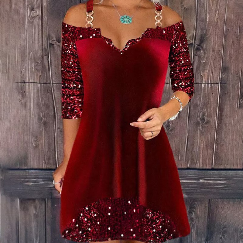 Red Velvet Sequin Splice Strappy Dress 2025 All Sizes Availa