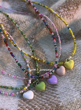 CandyColored Heart Beaded Necklace Cute Girl Sweet Chic Chok
