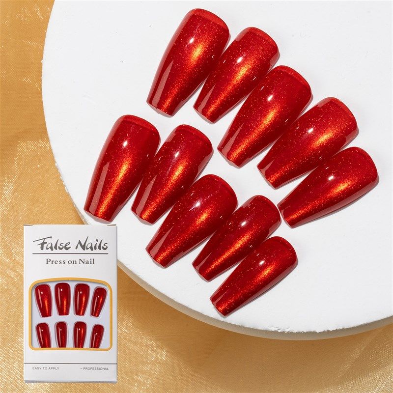 Cherry Red Cat Eye Presson Nails Almond Middle Staircase Wat