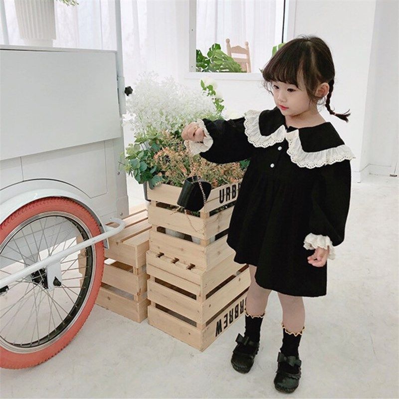 Girls Lace Collar Plain Dress Spring Autumn MidLittle Kid Lo