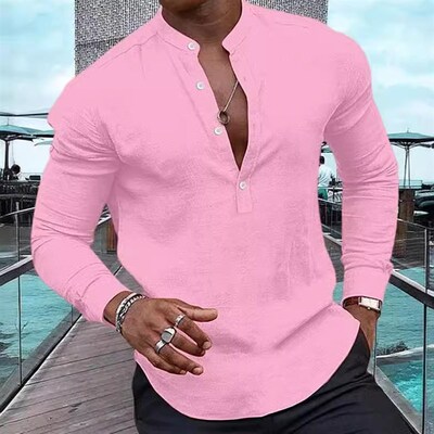 Mens Casual Shirt 2025 Long Sleeve Solid Henley Collar Half