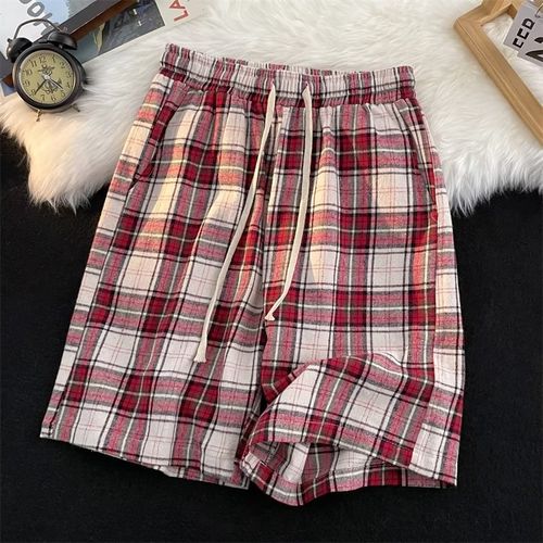 Summer Plaid Shorts Men Casual Sportswear Relaxed Straight M