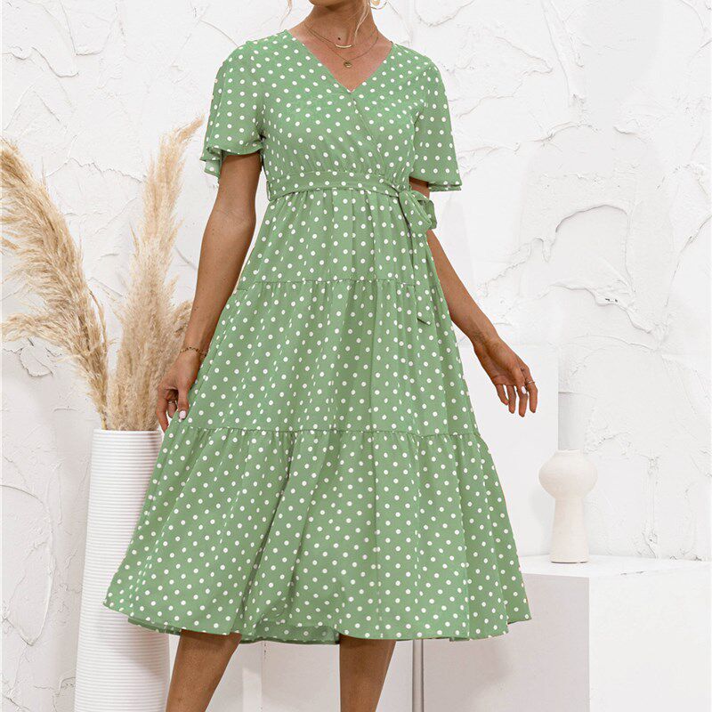 VNeck Intersecting Dot Floral Belted Dress 2025 SS 2025 Spri