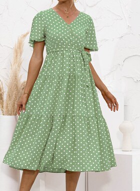 VNeck Intersecting Dot Floral Belted Dress 2025 SS 2025 Spri