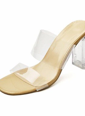 Summer High Heel Transparent Slippers Crystal Heel Half Slip