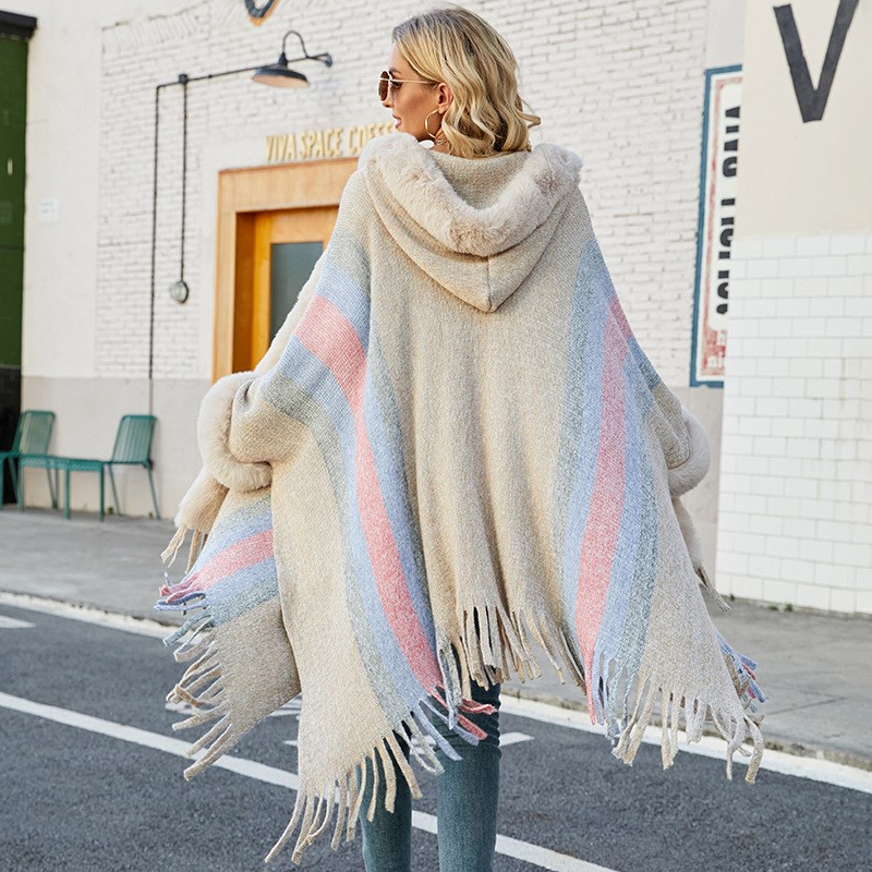 Drizzle Hooded Cloak Women Autumn Winter Striped European Kn