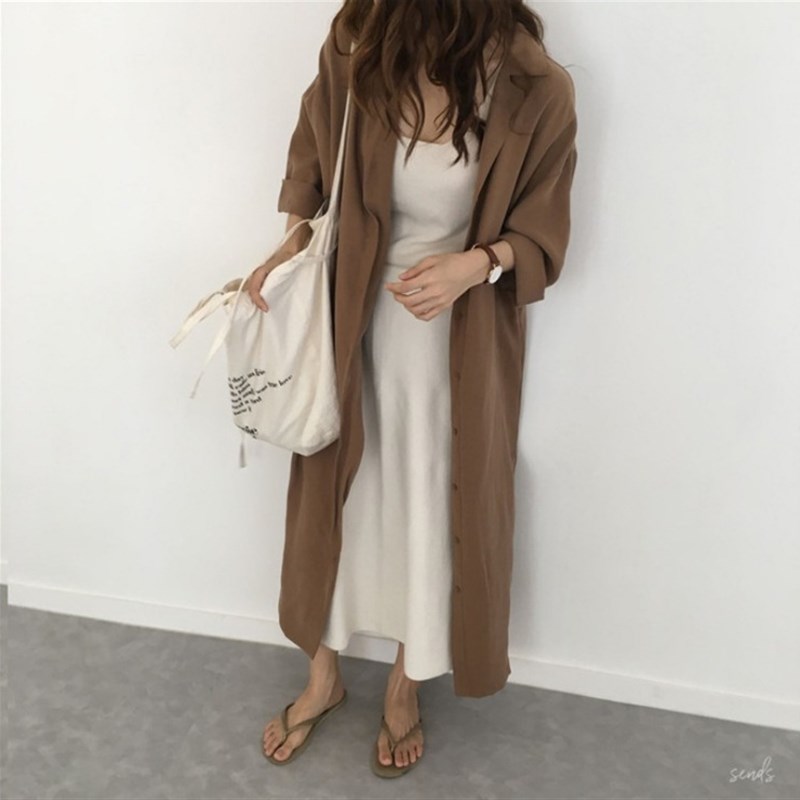 Relaxed Slimming Solidcolor Lapel Kneelength AntiUV Windbrea