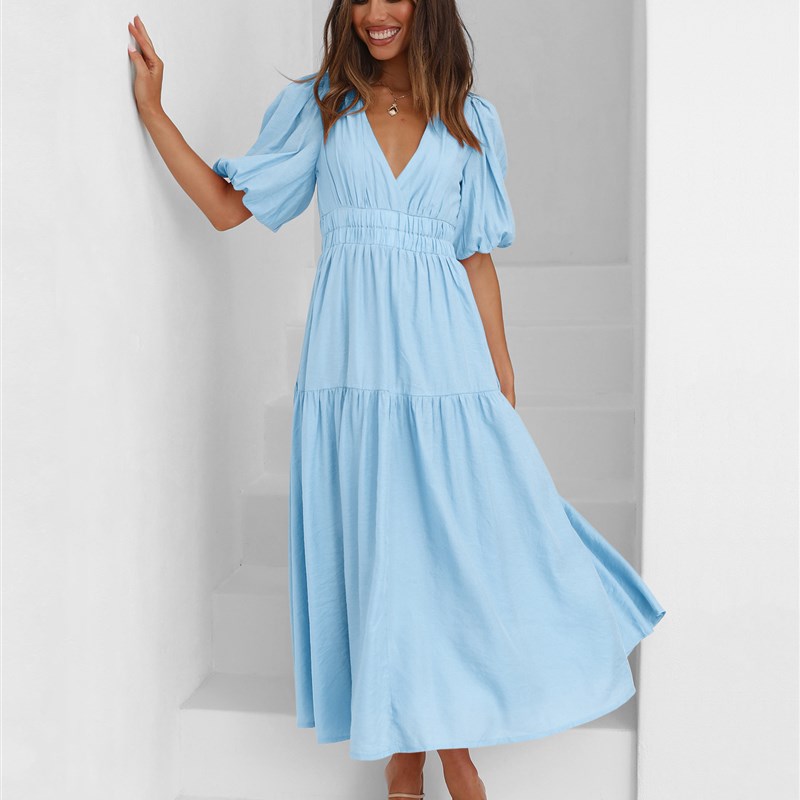 New 2025 Summer HighEnd Deep V Bubble Sleeve Holiday Dress E