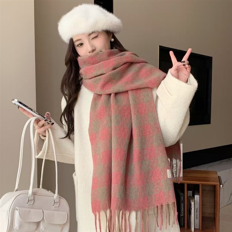 Long Fringe Scarf Winter Imitation Cashmere Retro Plaid Thic