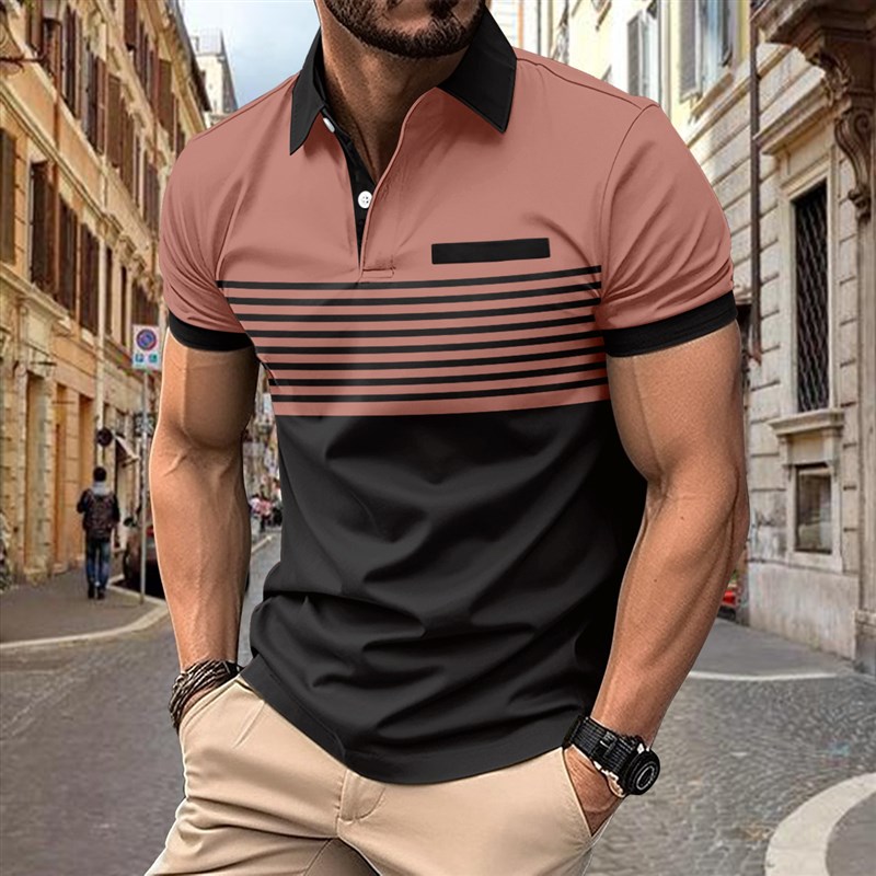 Mens Casual POLO Shirt Chest Pocket Lapel Button Striped Col