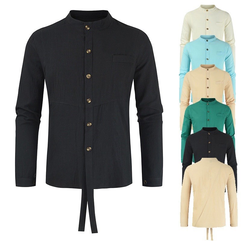 2025 Spring Summer Mens Cotton Linen Stand Collar Shirt Casu