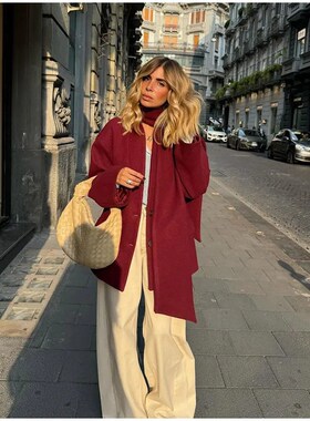 European Womens Singlebreasted Scarfstyle Wool CoatWool Coat