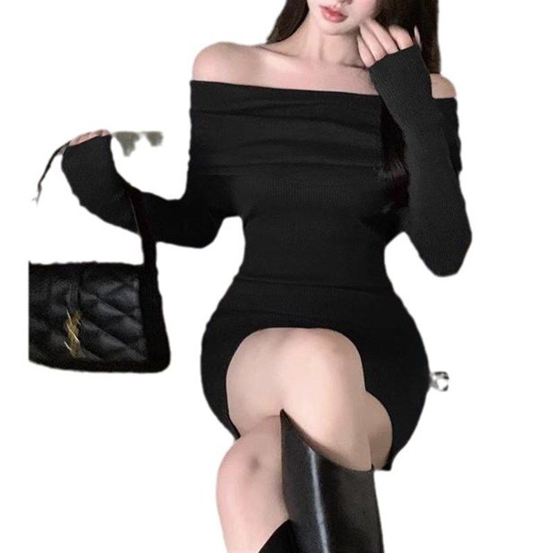 One Shoulder Knit Dress Retro Red Slimming 2025 Early Fall