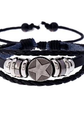 Alloy Fivestar Bead Braided Leather Bracelet Adjustable Stud