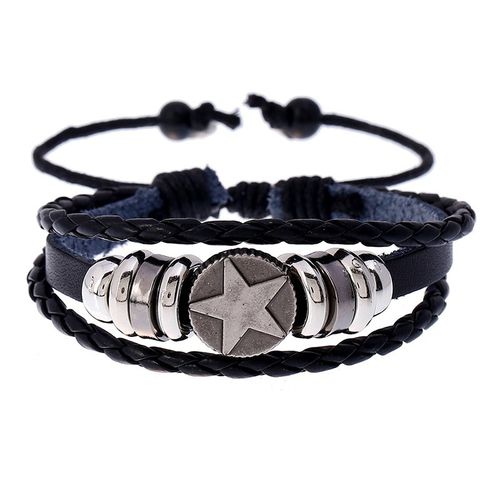 Alloy Fivestar Bead Braided Leather Bracelet Adjustable Stud