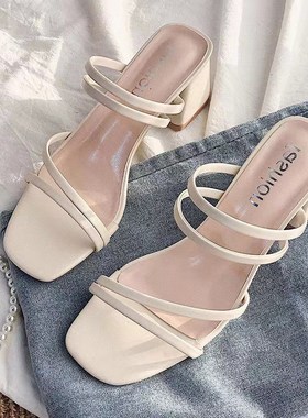 Black Strappy Sandals Women 2025 MidHeel Slippers Women Chun