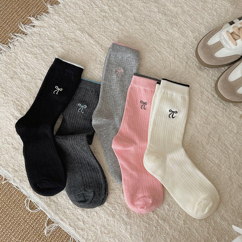 Autumn Embroidered Bow Ankle Socks Cotton Contrast Long Sock